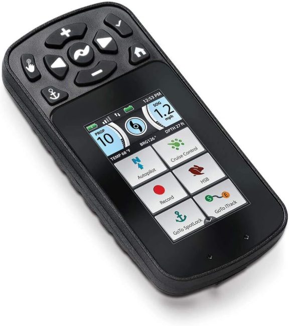 Minn Kota Terrova iPilot Link handheld remote with display showing navigation and boat control features