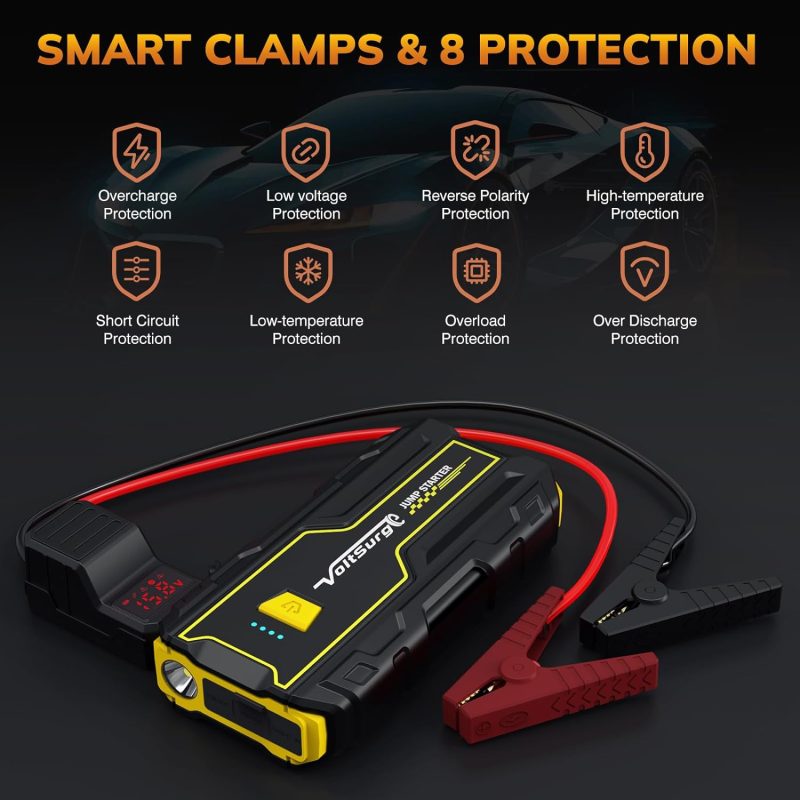 Compact 2000A car jump starter with smart clamps showcasing 8 Protection safety features