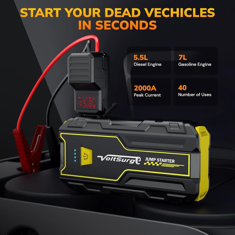 VoltSurge 2000A Jump Starter connected to car battery, displaying 15.6V - capable of starting 5.5L diesel and 7L gasoline engines