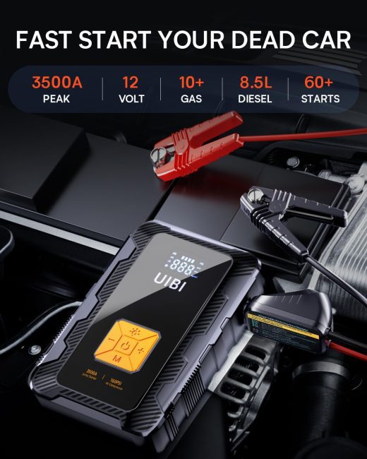 Powerful UIBI portable jump starter with digital display connected to a car battery
