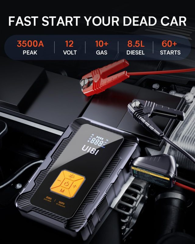 Powerful UIBI portable jump starter with digital display connected to a car battery