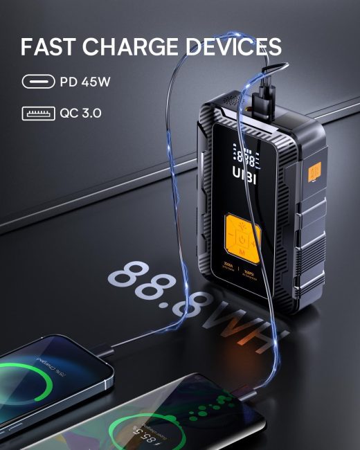 UBP1 Portable Power Station with LCD Display showing 88.9Wh, charging a smartphone and another device using PD 45W and QC 3.0 features