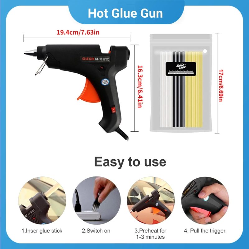 Professional paintless dent repair tools including a glue gun for secure dent pulling