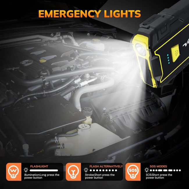 Versatile LED emergency light with flashlight and SOS modes from a 2000a jump starter, demonstrated under a car hood