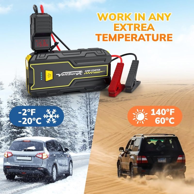 VoltSurge portable 2000A jump starter with voltage display, functioning in snowy and desert conditions for car battery emergencies