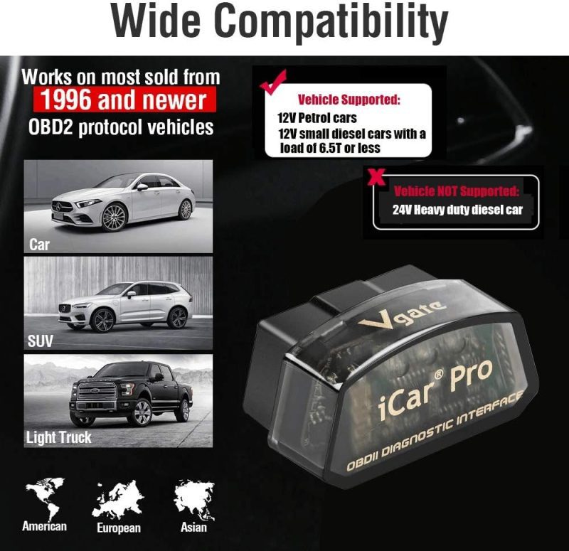 Vgate iCar Pro OBDII diagnostic interface showing compatibility with cars, SUVs, light trucks, and various vehicle brands