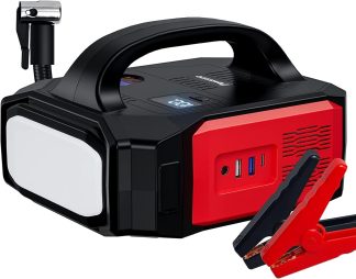 Compact Povasee 3500A portable jump starter power pack with built-in flashlight and USB ports