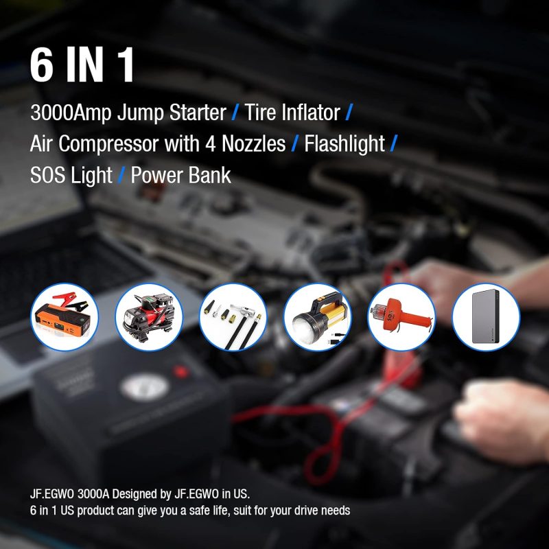 JF.EGWO 3000A Multi-Functional Jump Starter with Tire Inflator and Power Bank Features