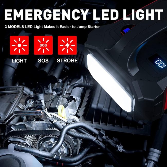 Povasee portable jump starter showcasing LED light feature with regular, SOS, and strobe modes under a car hood