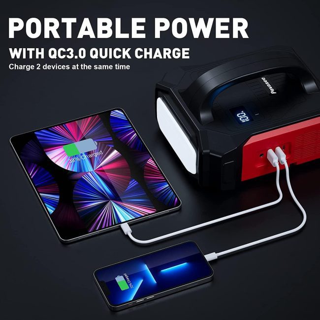 Povasee 3500A Portable Jump Starter with Quick Charge 3.0 charging a tablet and a smartphone simultaneously