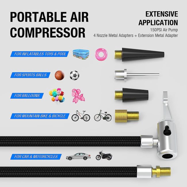 Portable Air Compressor 150PSI with Nozzle Adapters for Inflatables, Balls, Bikes, Cars and Motorcycles - JF EGWO 3000 Jump Starter Compatible
