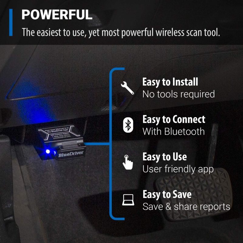 BlueDriver OBD Scanner connected to a car's diagnostics port, displaying wireless connectivity and app interface