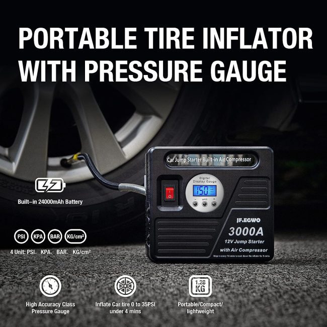 JF EGWO 3000 portable tire inflator with a 24000mAh battery and tire pressure gauge, also functions as a car jump starter