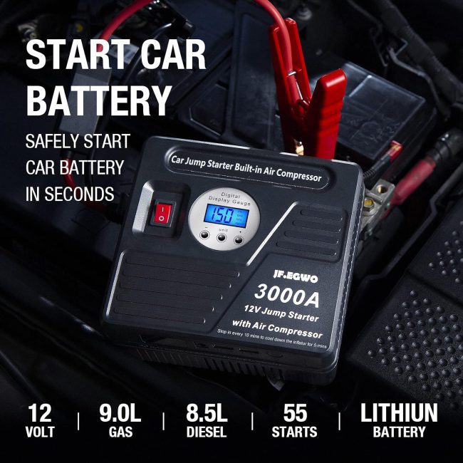 JF EGWO 3000A 12V car battery jump starter with built-in air compressor connected to vehicle