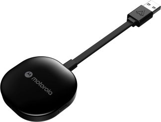 Motorola MA1 wireless Android Auto car adapter streaming dongle connected via USB