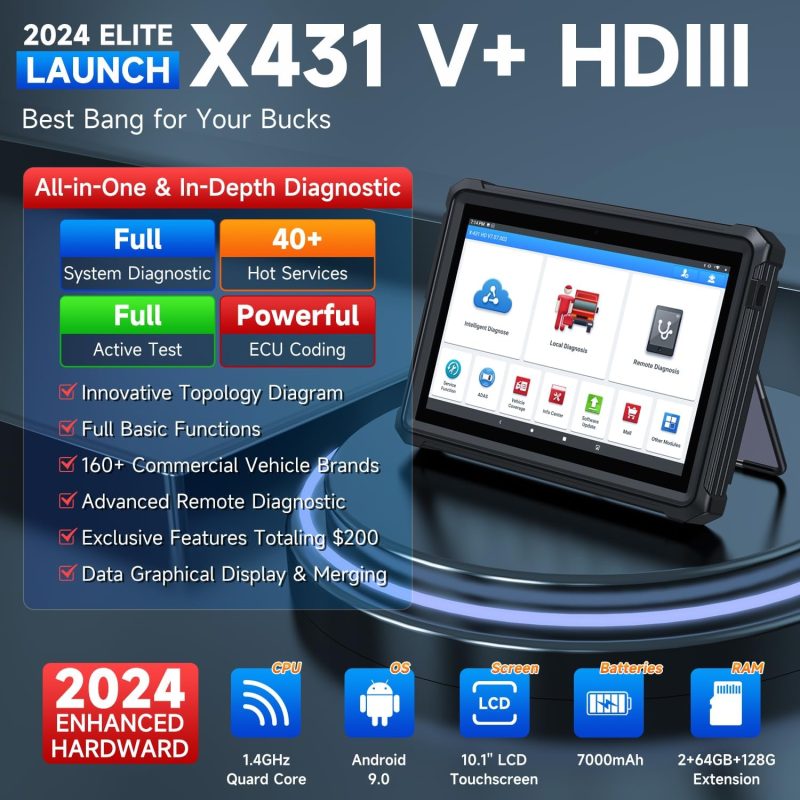X431 V+ HDIII Heavy Duty Truck Scanner showcasing diagnostic features for over 160 vehicle brands, Android 9 system