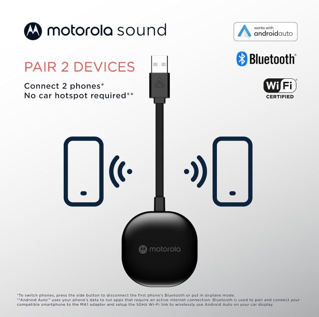 Motorola MA1 wireless car adapter providing Bluetooth and Wi-Fi connectivity for Android Auto