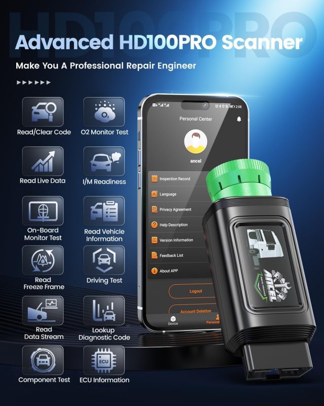 HD100PRO Scanner alongside a smartphone displaying the app interface, ideal for professional vehicle diagnostics and repairs