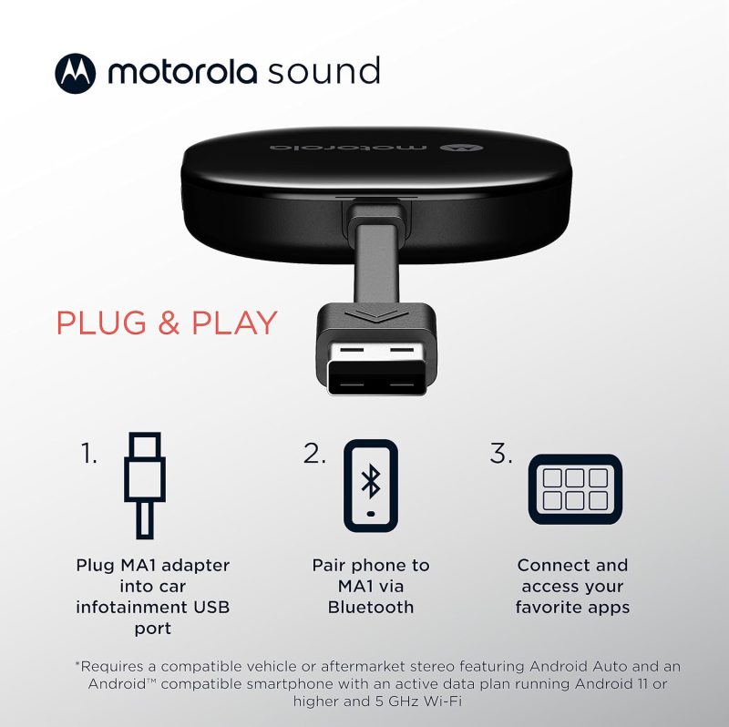 Motorola MA1 adapter enabling wireless Android Auto in a vehicle's USB port with simple setup instructions