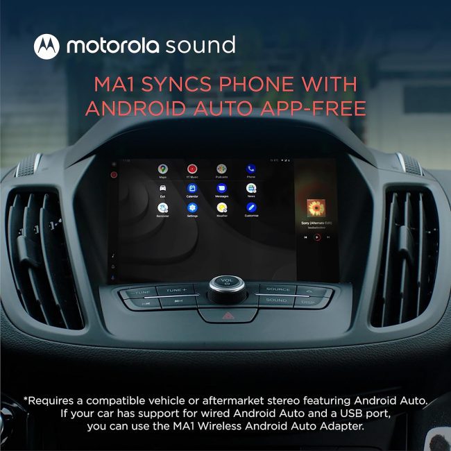 Motorola MA1 Wireless Car Adapter connecting smartphone to Android Auto on car dashboard display