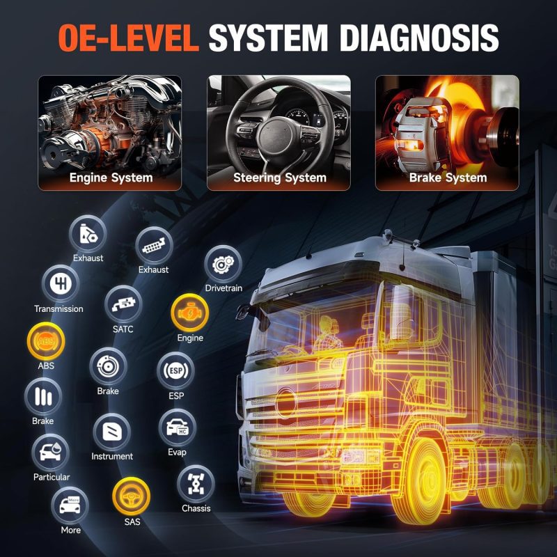 Detailed diagnostics of engine, steering, and brake systems on a semi-truck using a heavy duty truck scanner