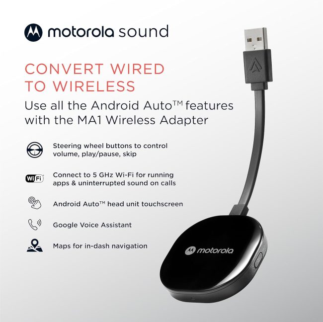 Motorola Wireless Adapter enabling Android Auto features via a USB connection