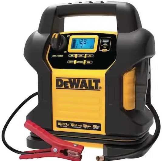 DeWalt portable jump starter with handle, LCD showing 12.8V, and connecting clamps