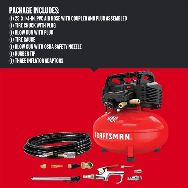 Craftsman air compressor with accessories for car detailing, including hoses, tire chuck, and blow gun