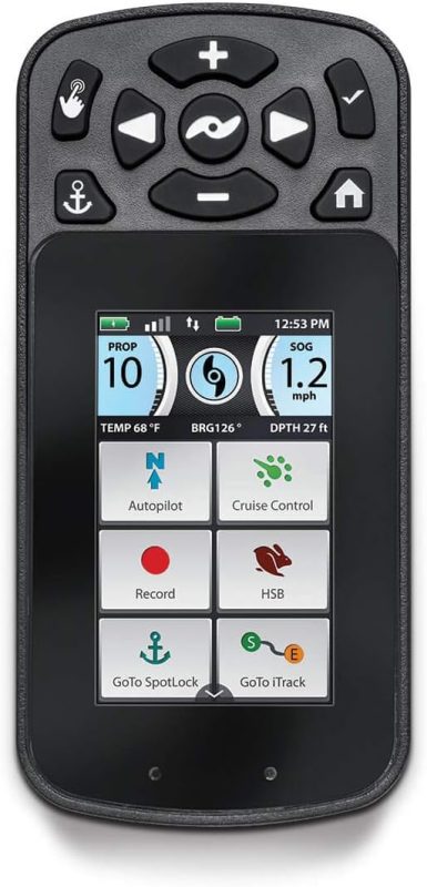 Digital remote control for Minn Kota Terrova displaying speed, temperature, bearing, and depth with i-Pilot Link capabilities including autopilot and GPS