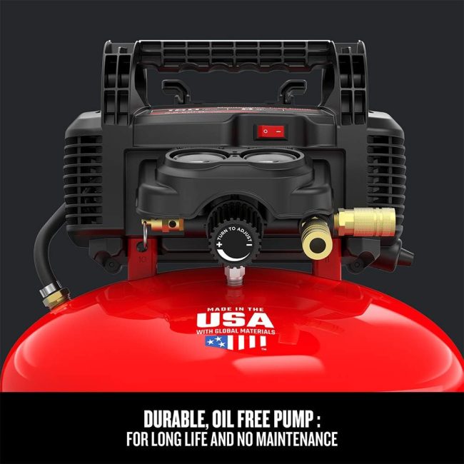 Red and black oil-free air compressor labeled 'Made in the USA with Global Materials' featuring a durable, maintenance-free pump, ideal for car detailing
