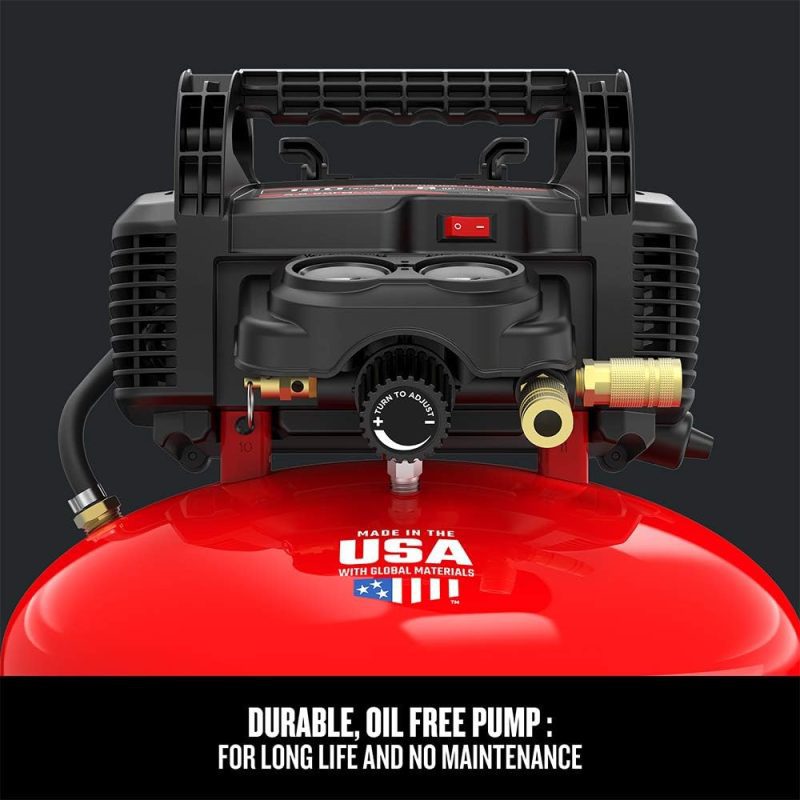 Red and black oil-free air compressor labeled 'Made in the USA with Global Materials' featuring a durable, maintenance-free pump, ideal for car detailing