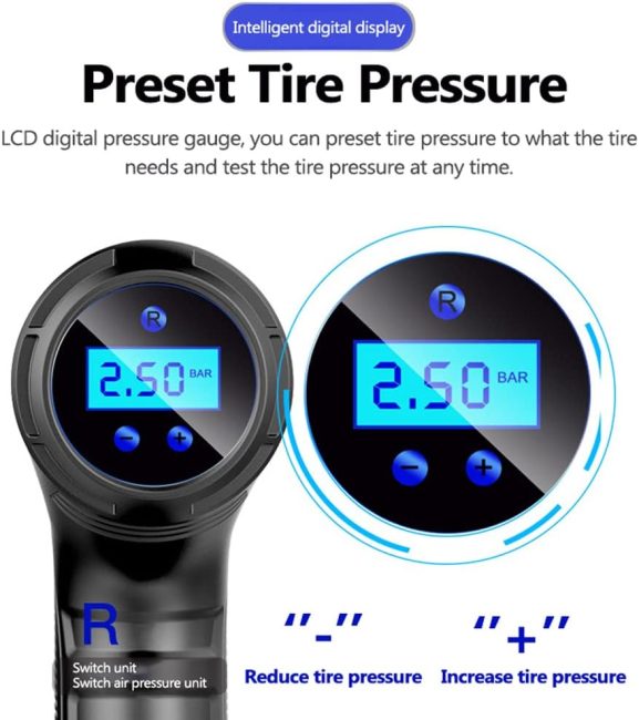Digital tire pressure gauge displaying 2.50 bar on intelligent display, ideal for cordless tire inflator and air compressor for car tire
