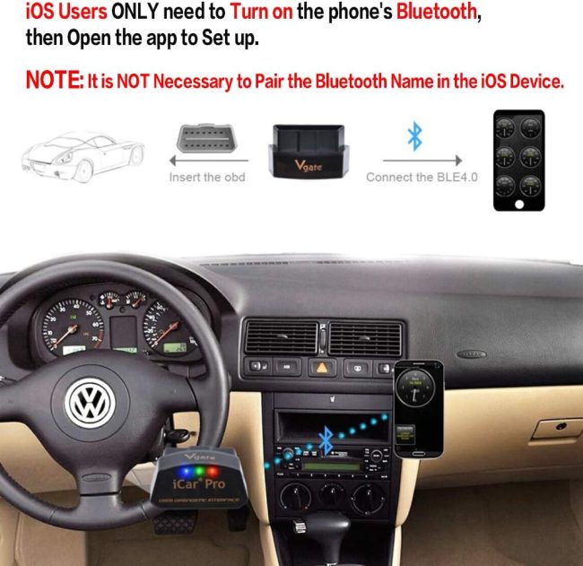 Volkswagen vehicle interior showing the steering wheel and dashboard with an overlay of Vgate iCar Pro OBD2 Bluetooth device setup guide for iOS users