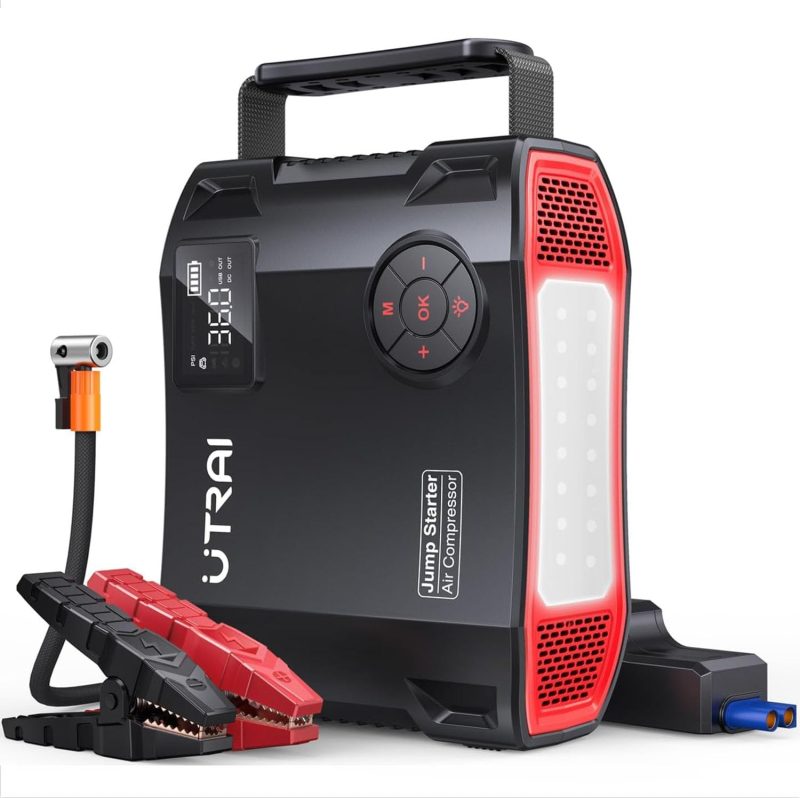 UTRAI jump starter with an air compressor, digital display, and essential cables and hose