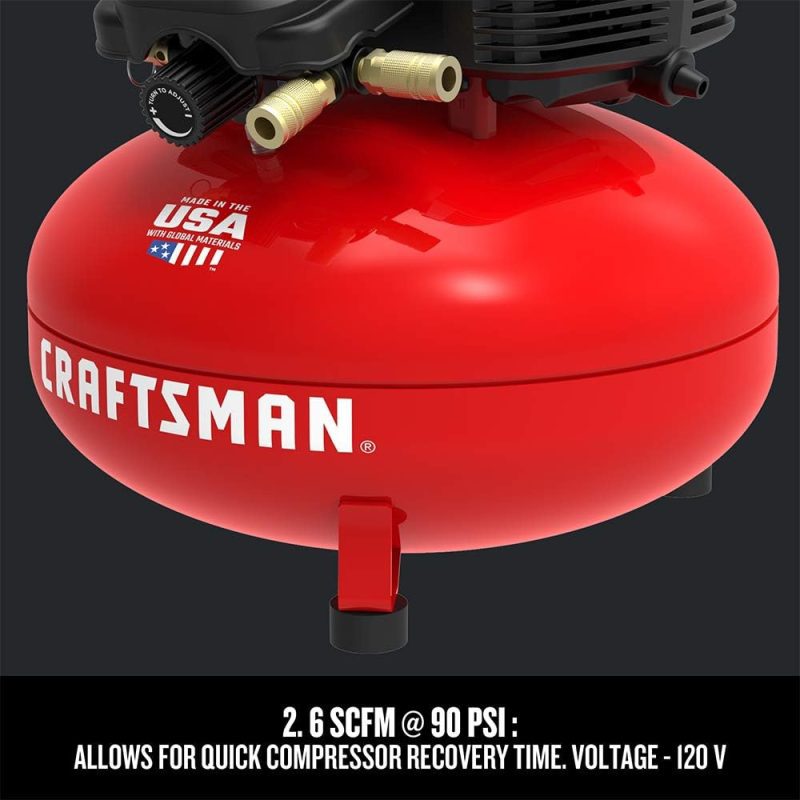 Craftsman 120V red air compressor optimized for car detailing, features quick recovery time