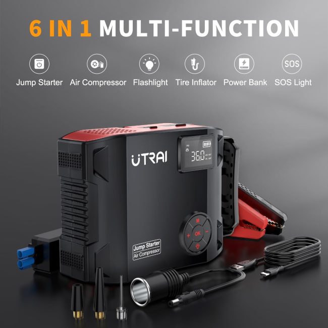 UTRAI multifunctional device showcasing a jump starter, air compressor, flashlight, tire inflator, power bank, and SOS light with accessories