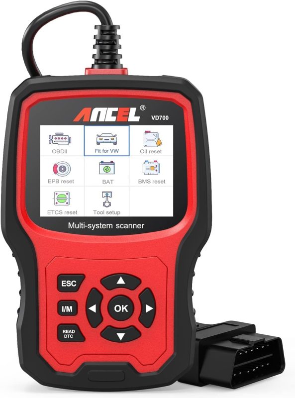 ANCEL VD700 multi-system scanner with options on display for diagnostics and vehicle system resets