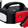Compact Povasee 3500A portable jump starter power pack with built-in flashlight and USB ports