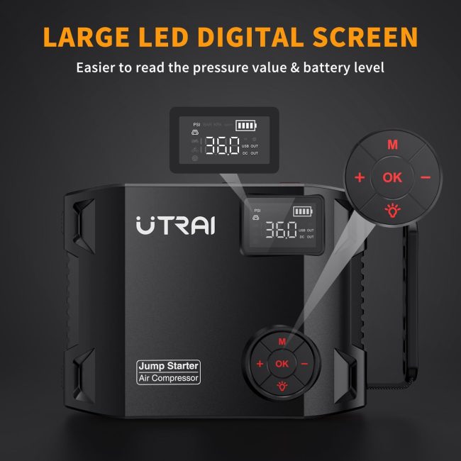 UTRAI brand jump starter and air compressor featuring a digital LED screen showing PSI and battery level