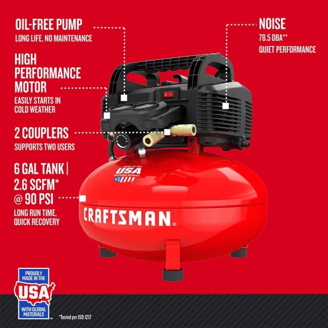 Craftsman 6 Gallon Air Compressor highlighting features like oil-free pump, high performance motor, and quiet operation suitable for car detailing