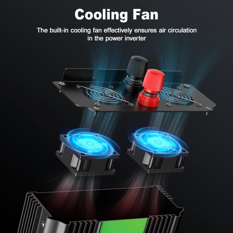 Diagram of a power inverter with two cooling fans highlighted, showing air circulation mechanism