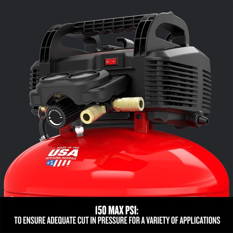 Red portable air compressor, made in the USA, displaying control panel and PSI specs, suitable for car detailing