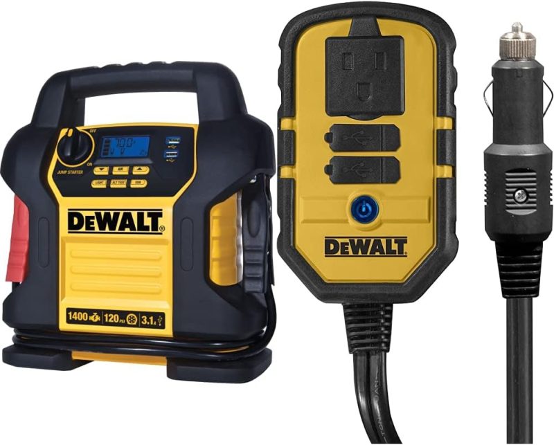 DeWalt branded jump starter with digital display, USB ports, and built-in jumper cables alongside an auxiliary power outlet unit