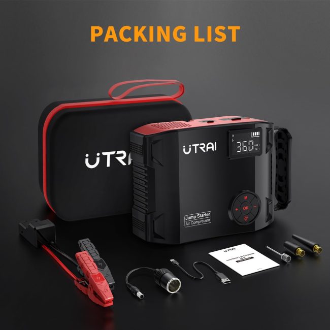 Contents of UTRAI Jump Starter and Air Compressor Kit including unit, carrying case, jumper cables, adapter cable, USB cable, manual, and air compressor nozzles