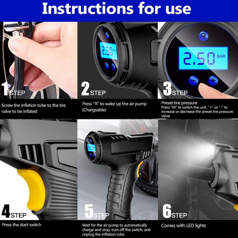 Step-by-step instructions on using a cordless air compressor for car tires, including LED lights feature