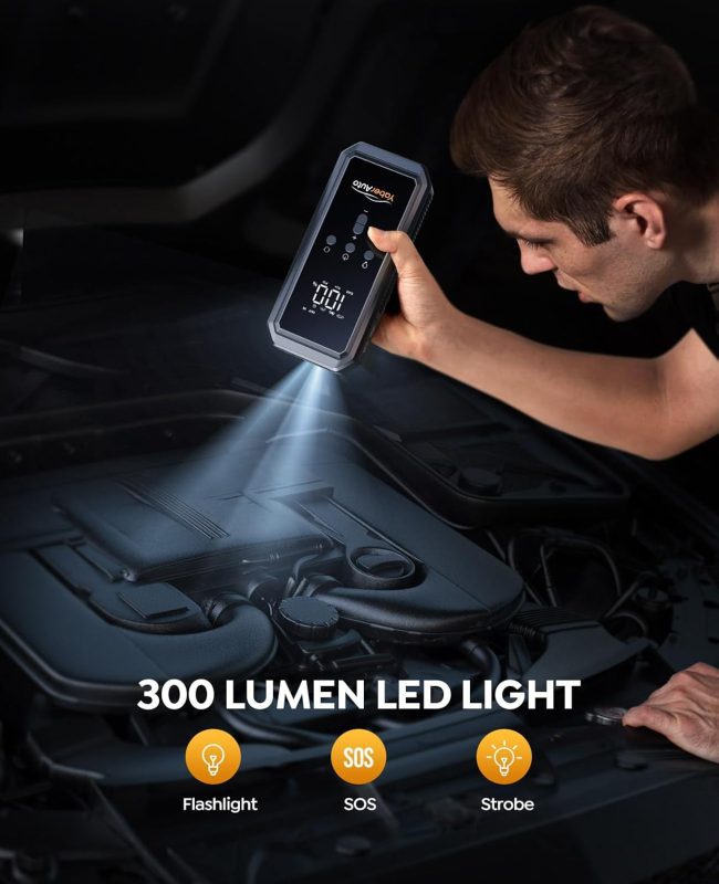 Person using a 300-lumen LED portable light on a car engine, featuring flashlight, SOS, and strobe modes