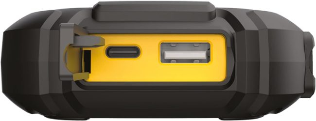 Close-up of a rugged device's USB Type-C and Type-A ports under a protective flap