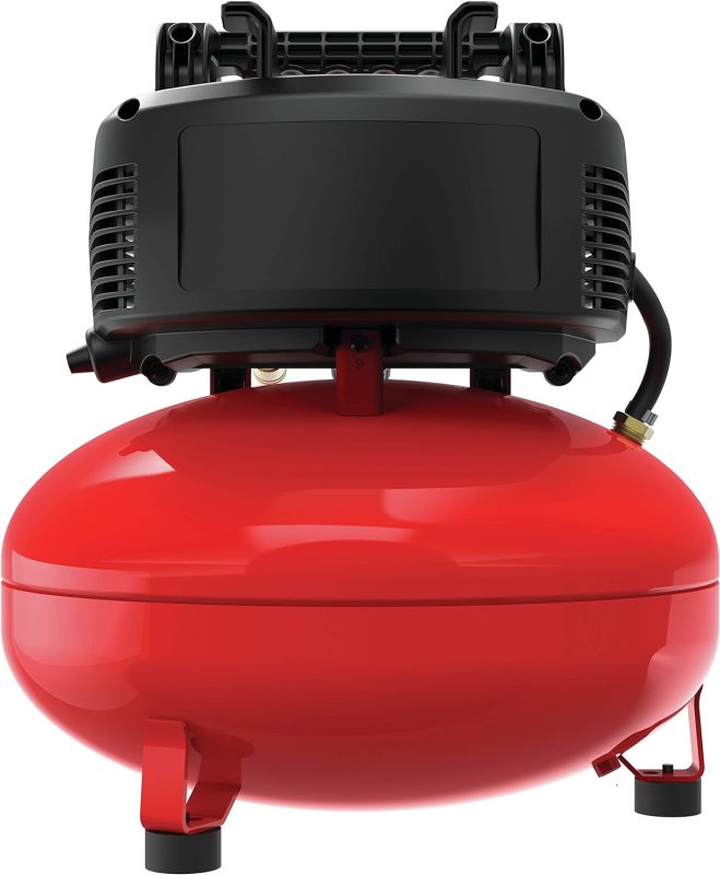 Red tank-style air compressor designed for car detailing, with black motor and various hose attachments