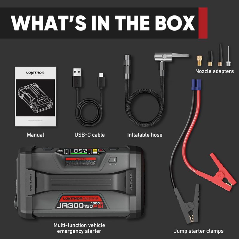 Contents of Lokithor emergency starter kit including manual, USB-C cable, inflatable hose, nozzle adapters, vehicle starter, and jump starter clamps