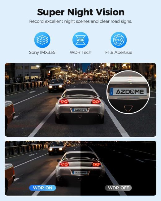 Azdome dash cam demonstrating superior night visibility with WDR technology on a dark road, clear imagery of Azdome license plate and enhanced night scenes.